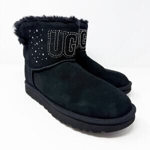Ugg Black Suede Classic Gem Mini Boots Size 10 Rhinestone Accent Shearling Lined